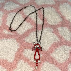Vintage Celebrity NY Designer Signed Red Rhinestone Cat Figural Pendant Necklace
